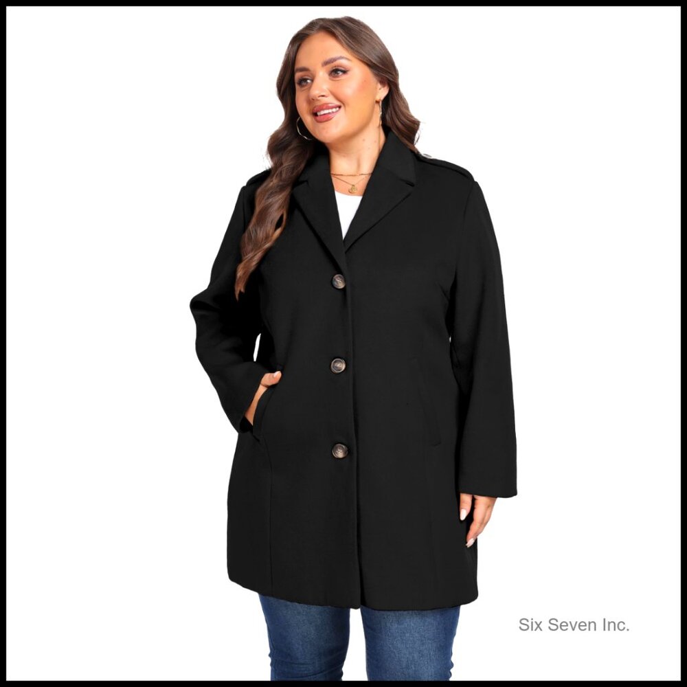 Plus Size Pea Coat Oversized Notched Lapel Polyester Jacket